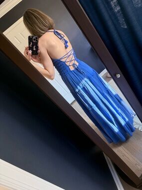 Blue Maxi Halter Dress with Lace-Up Bodice